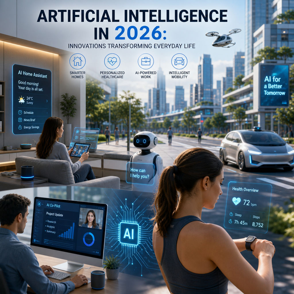 Futuristic AI systems helping with work, health, shopping, and travel in everyday life in 2026