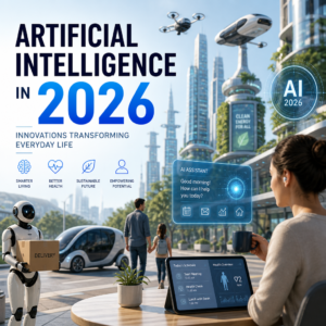 Futuristic cityscape with AI robots, drones, and smart tech enhancing everyday life in 2026