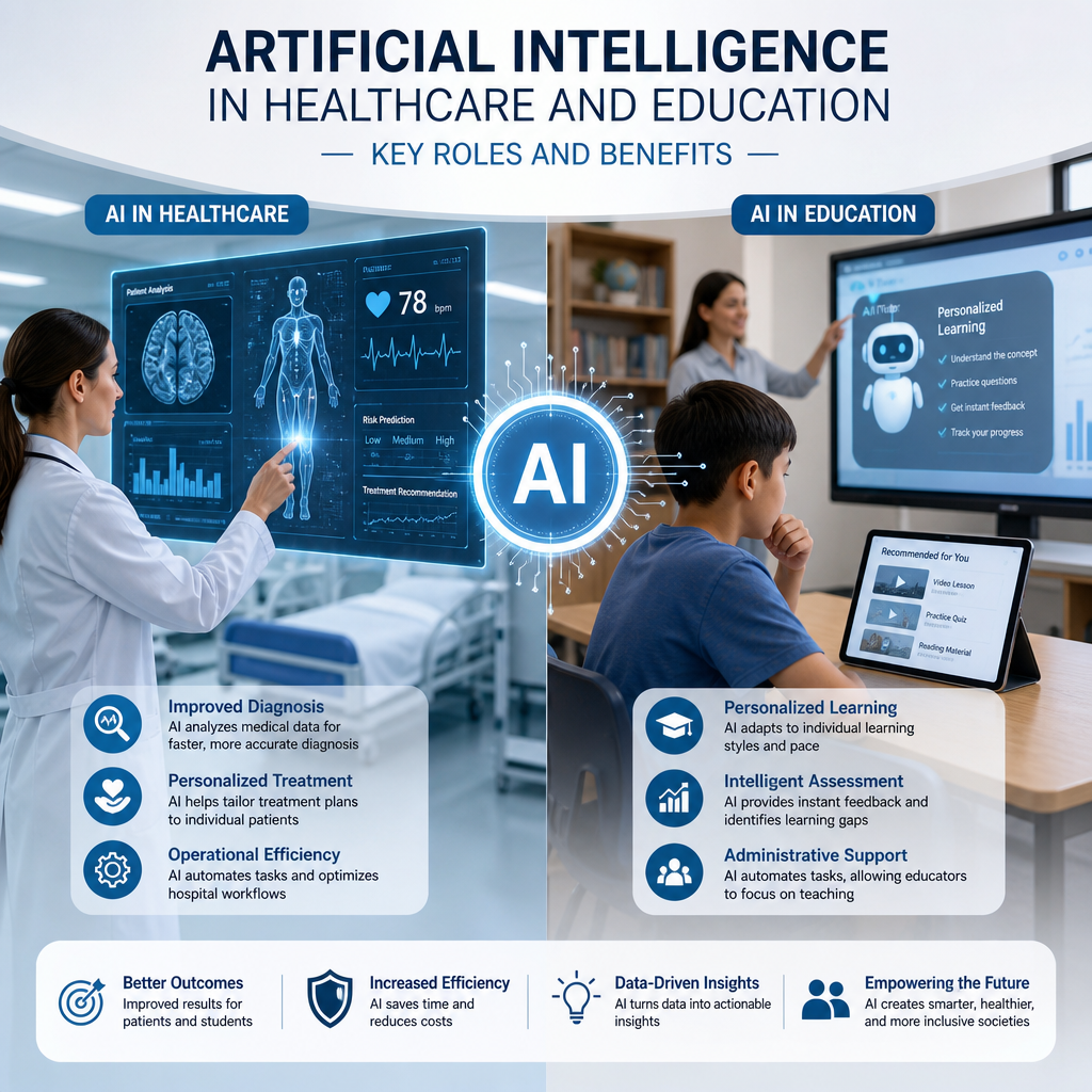 AI in healthcare and education supporting diagnosis, personalized learning, and data-driven insights
