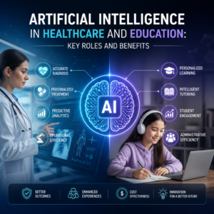 Infographic showing artificial intelligence in healthcare and education, highlighting key roles and benefits.