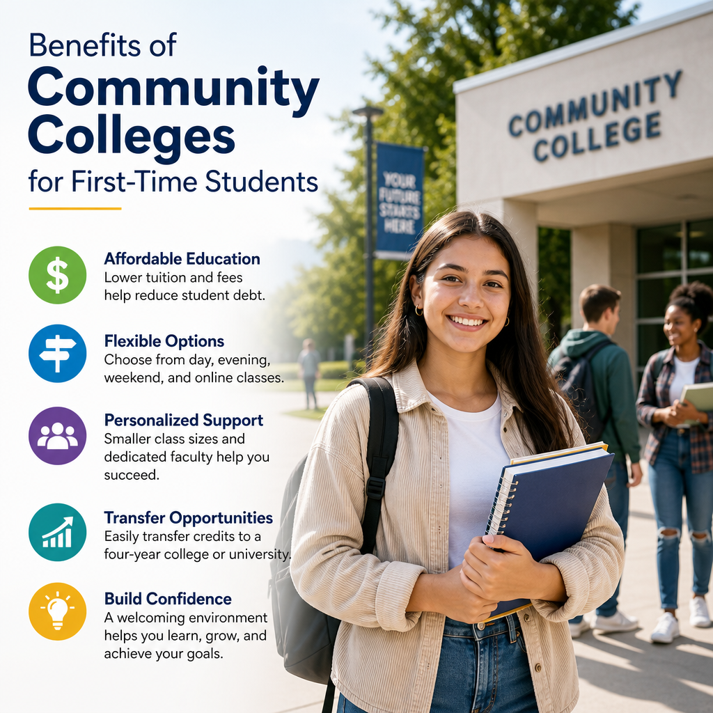 Illustration of community college benefits: affordable classes, flexible schedules, support, transfers, and confidence