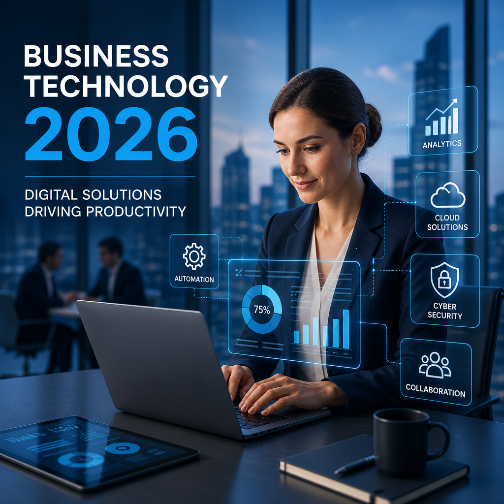 Business technology dashboard with analytics, cloud, cybersecurity, automation, and collaboration tools on screen