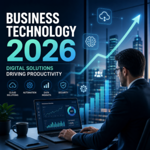 Business dashboard showing cloud, automation, data insights, and security icons driving productivity