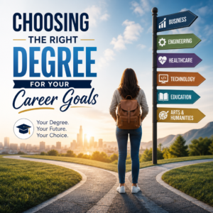 Young woman at a crossroads with signposts to different career paths and text about choosing the right degree.