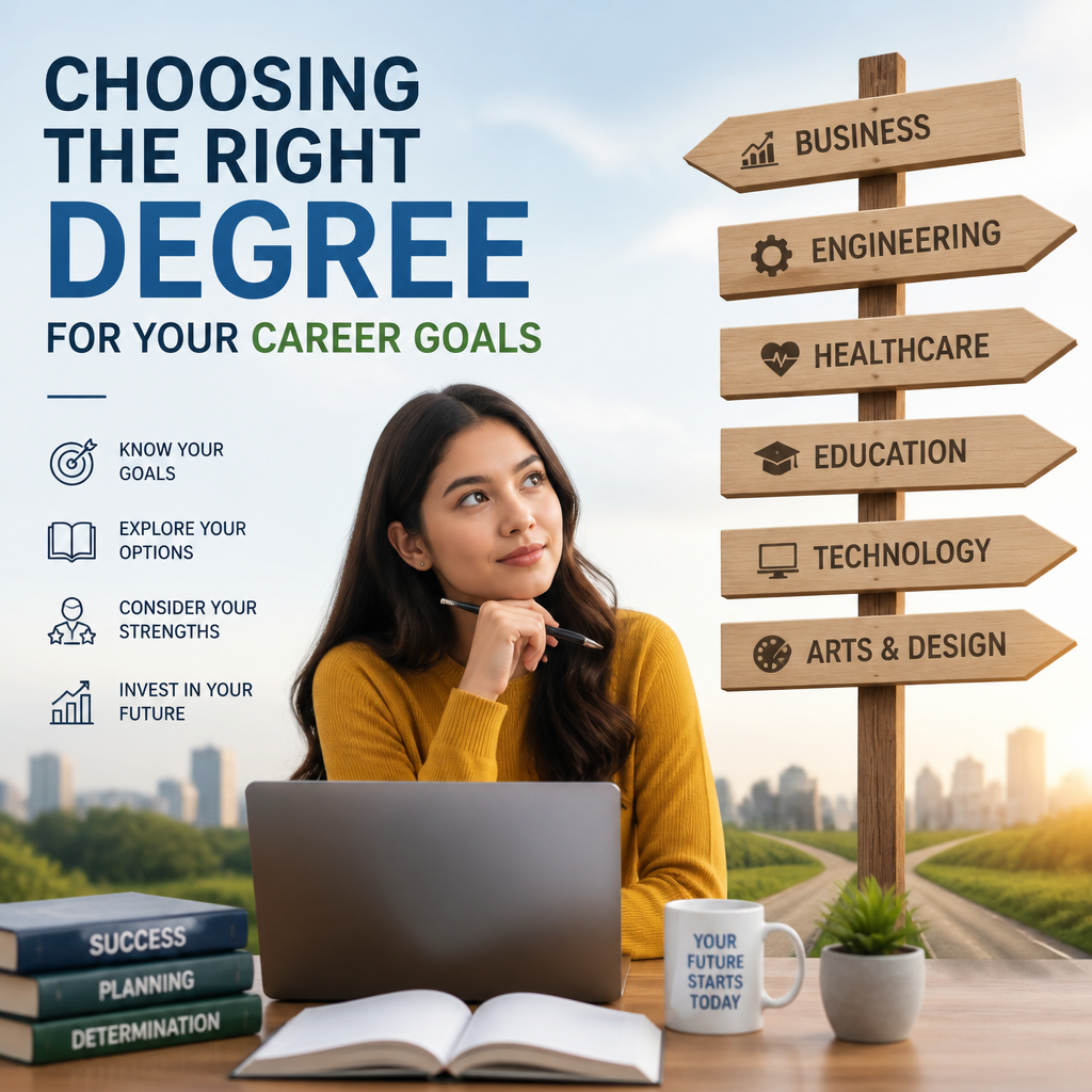 Young woman considering degree options for career goals: business, engineering, healthcare, education, technology, and arts.