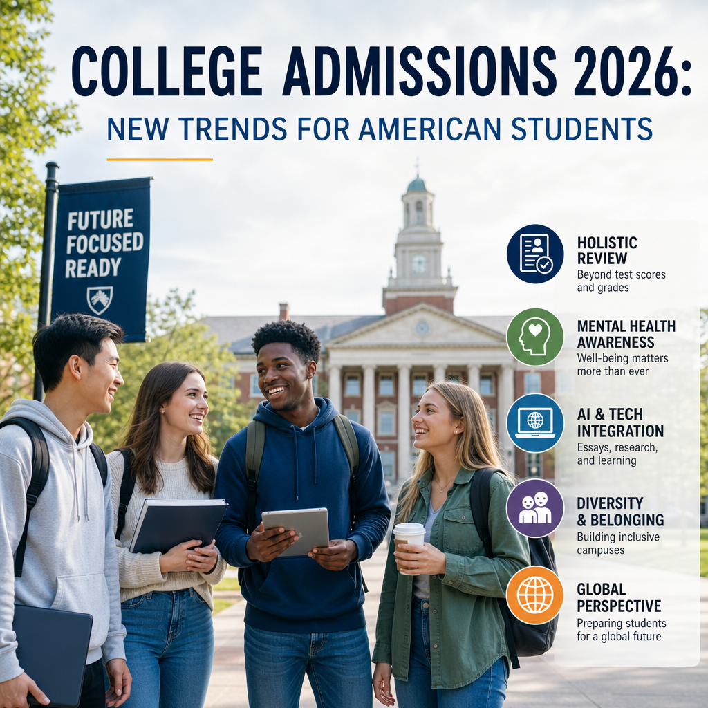 Illustration of 2026 college admissions trends: holistic review, AI, diversity, mental health, global outlook