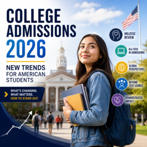 American students reviewing college admissions trends for 2026 with holistic review and AI insights