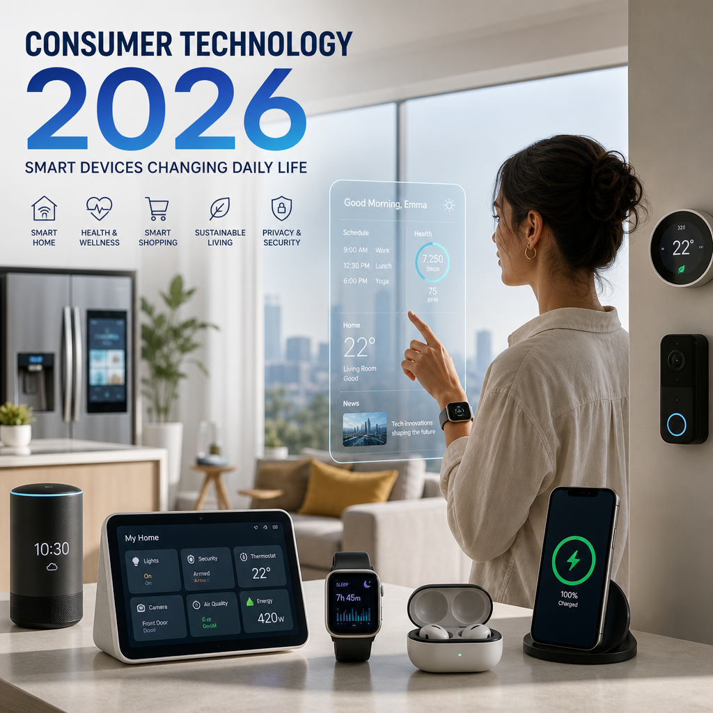 Futuristic smart home with connected AI devices for health, security, and convenience in 2026