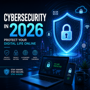 Illustration of cybersecurity in 2026 with secure devices, shield icons, and digital protection symbols