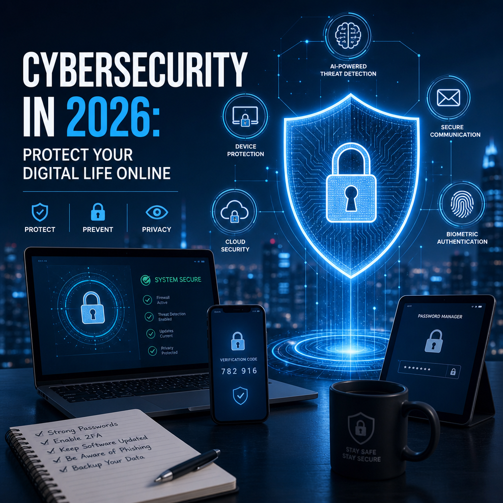 Futuristic cybersecurity scene with AI threat detection, device protection, and biometric login icons