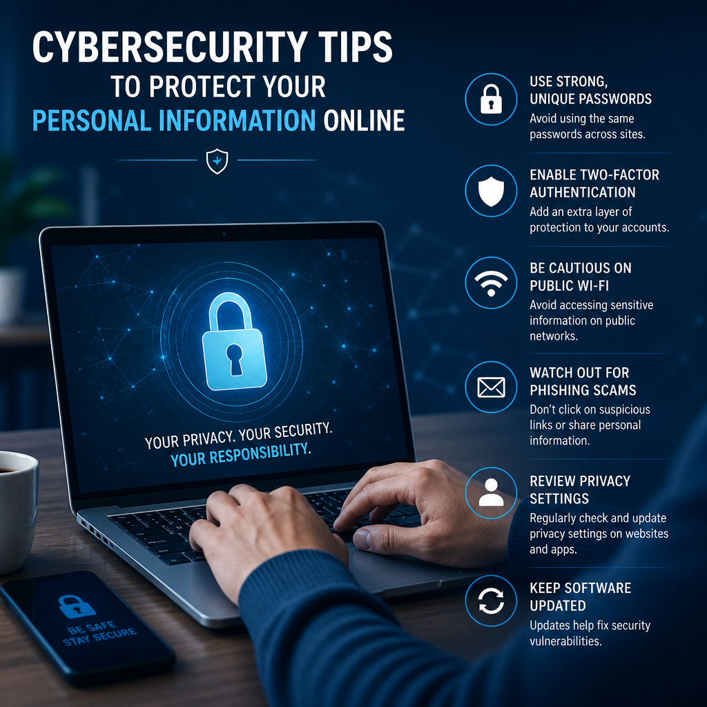 Cybersecurity tips for protecting personal information online with passwords, two-factor authentication, and safe browsing.