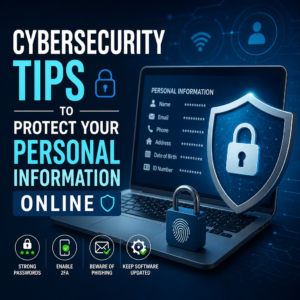Illustration of cybersecurity tips: strong passwords, 2FA, phishing awareness, and software updates.