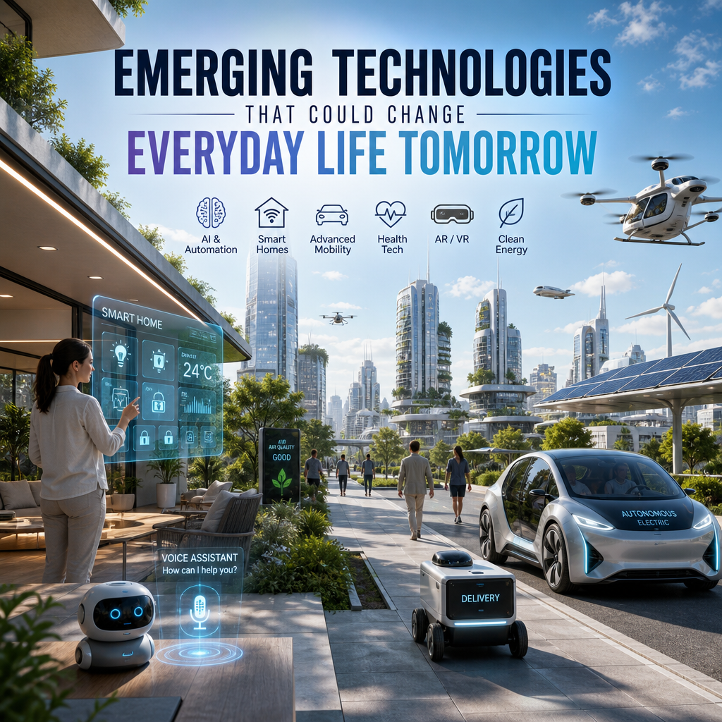 Futuristic cityscape with AI, smart homes, AR/VR, clean energy, mobility, and health tech shaping daily life
