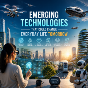 Futuristic city with AI, drones, smart homes, and autonomous vehicles shaping everyday life