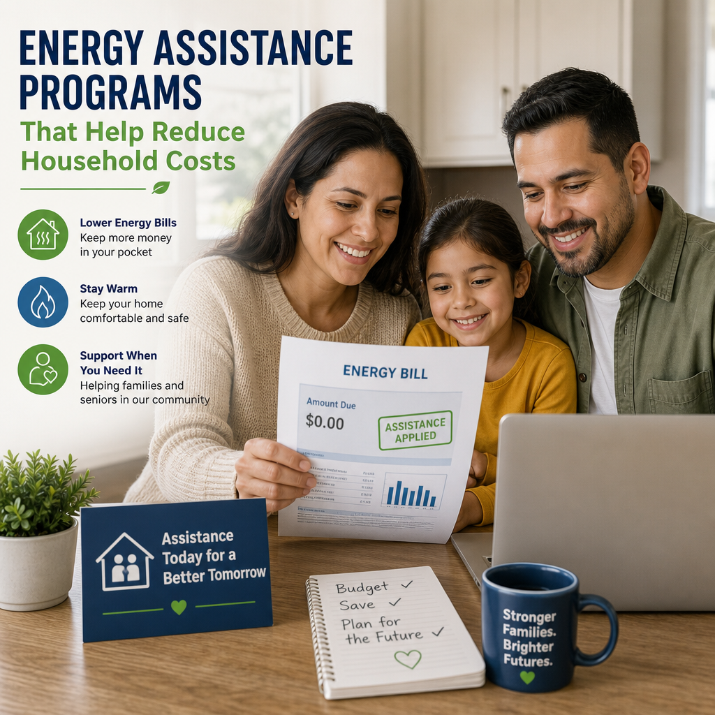 Family reviewing energy assistance program benefits to lower household energy costs