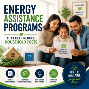 Family reviewing energy assistance programs to lower utility bills and household costs