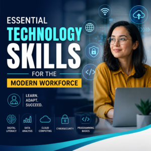 Illustration of essential technology skills: digital literacy, data analysis, cloud computing, cybersecurity, and coding basi