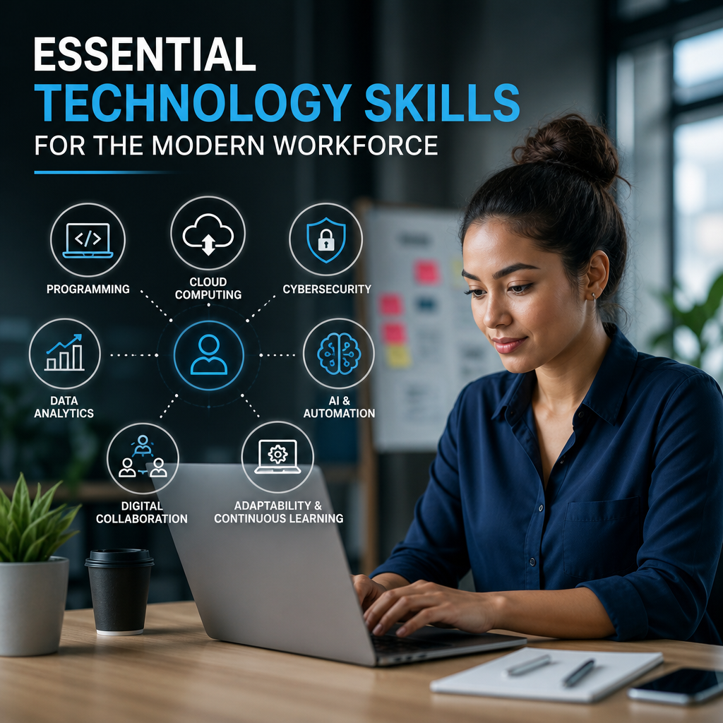 Illustration of modern workforce technology skills: coding, cloud, cybersecurity, data analytics, AI, and collaboration