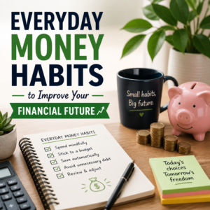 Checklist with piggy bank, coffee mug, and financial planning notes about everyday money habits