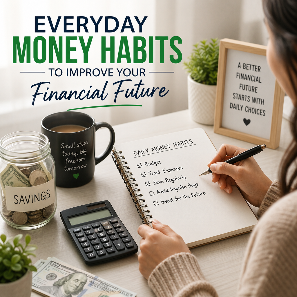 Person writing everyday money habits in a notebook beside financial planning items on a desk