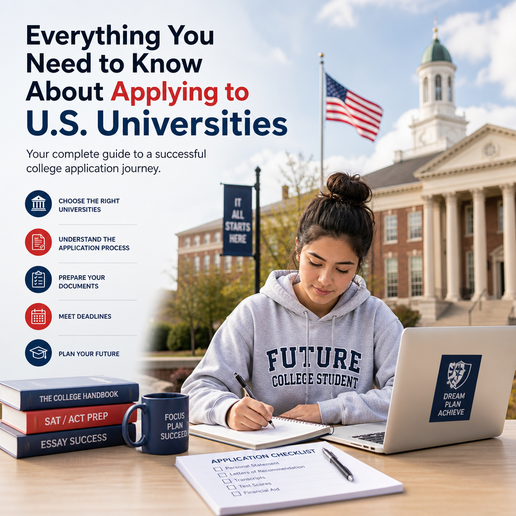 Checklist and laptop for applying to U.S. universities, with school icons and deadline notes