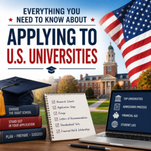 Illustration of students and application icons for U.S. university admissions guide