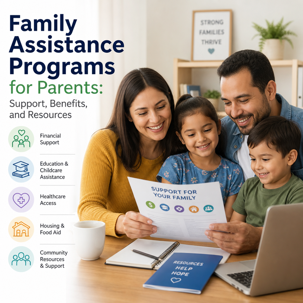 Happy family reviewing family assistance program resources at home
