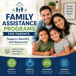 Parents reviewing family assistance program resources and support options for food, child care, health care, and housing
