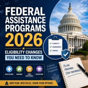 Icons for healthcare, housing, food, and education with 2026 eligibility changes for federal assistance programs