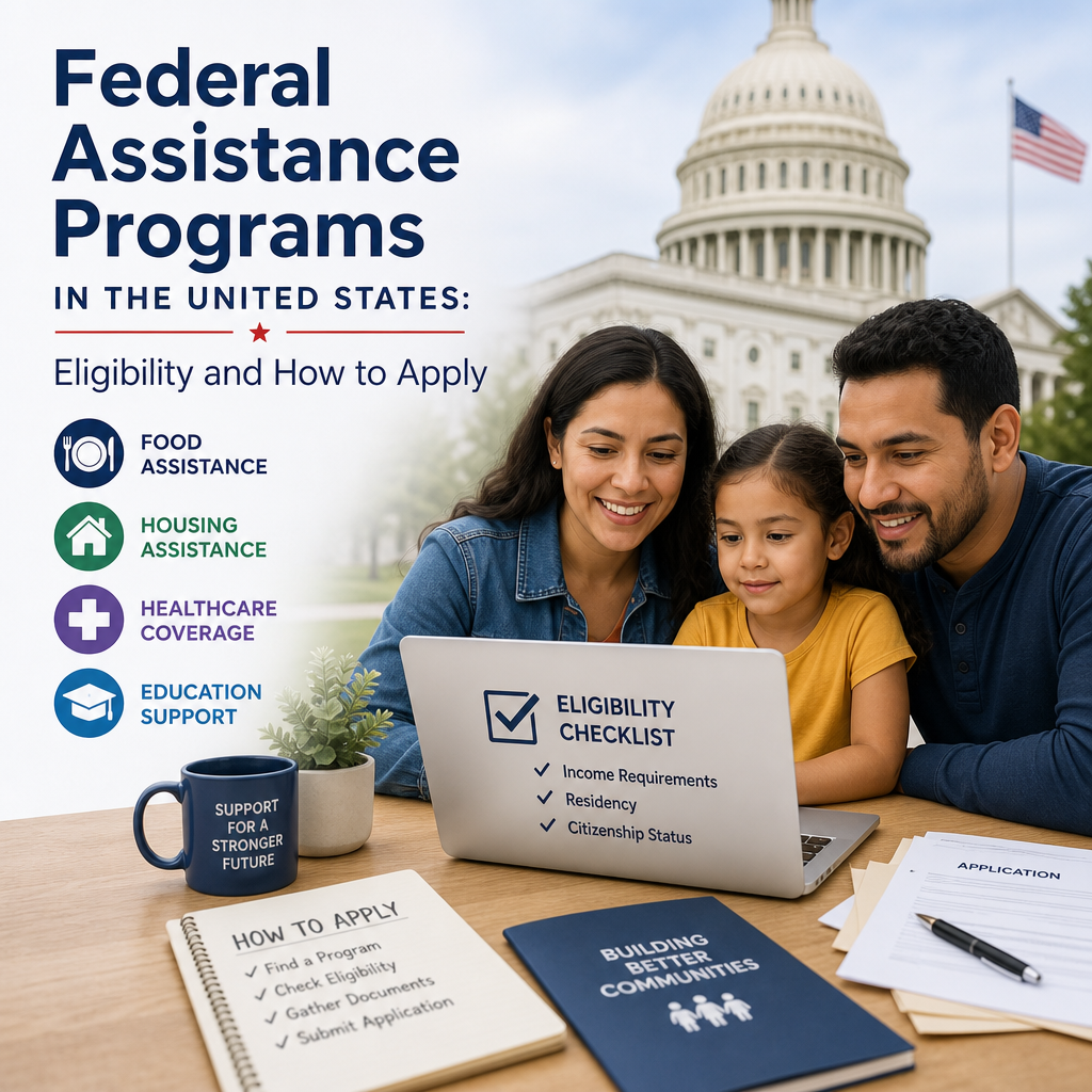 Infographic on U.S. federal assistance programs for food, housing, healthcare, and education, with eligibility and applicatio