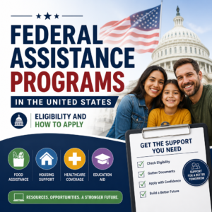 Illustration of U.S. federal assistance programs for food, housing, healthcare, and education with eligibility guidance
