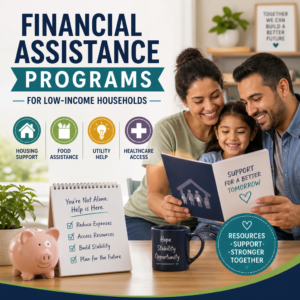 Icons for housing, food, utilities, and healthcare support for low-income households