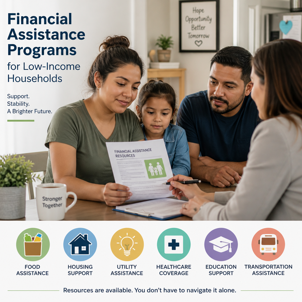 Icons showing financial assistance for food, housing, utilities, healthcare, education, and transportation