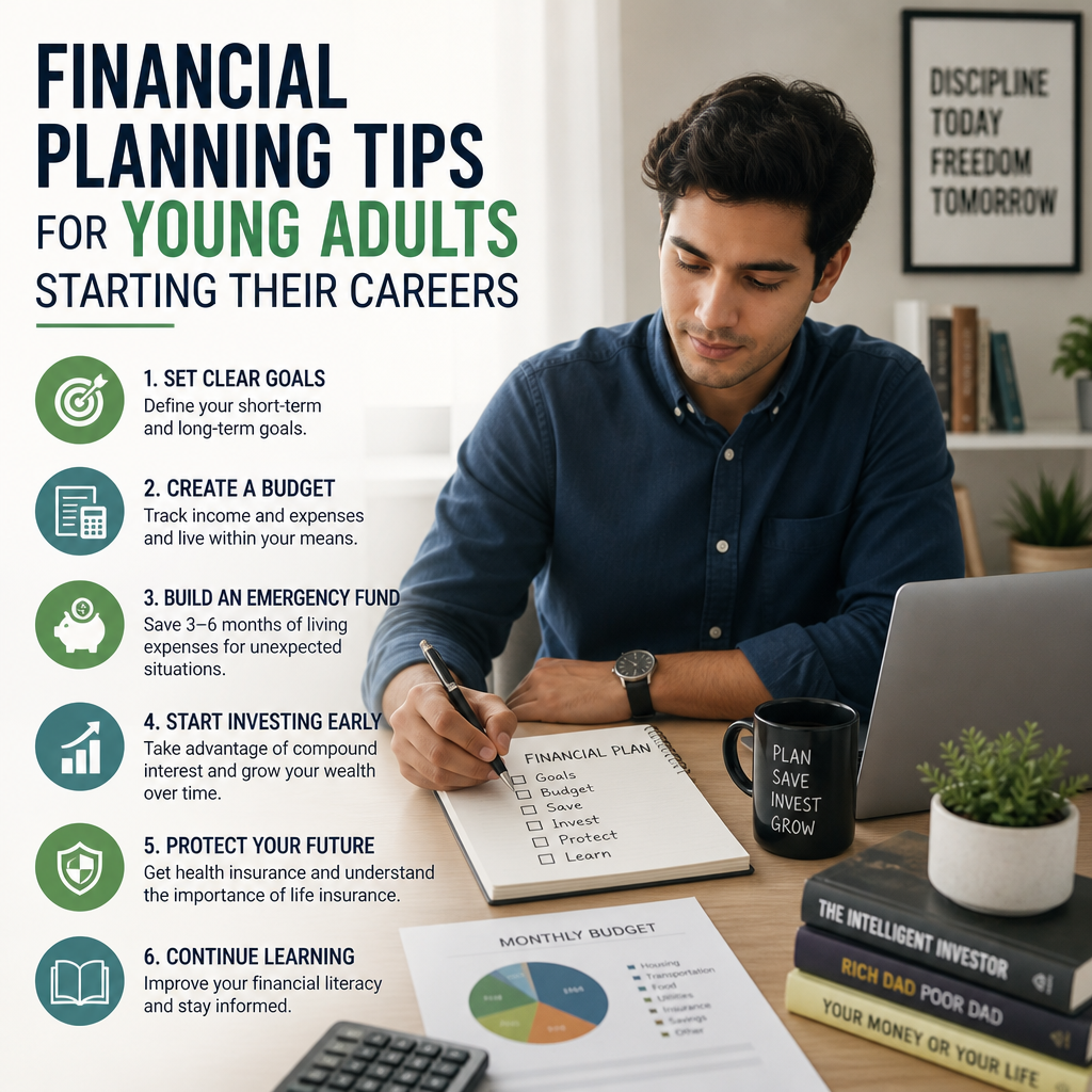 Young adults reviewing financial planning tips for budgeting, saving, investing, insurance, and goals.