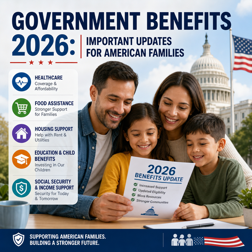 Government benefits icons for healthcare, food, housing, education, and Social Security for American families in 2026