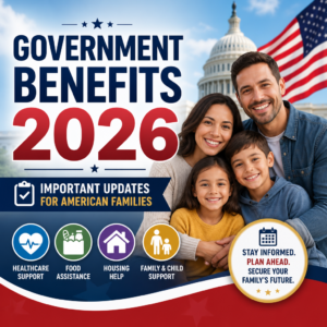 Happy American family in front of the U.S. Capitol and flag about government benefits 2026 updates
