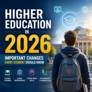 Infographic on higher education in 2026 highlighting flexible learning, global opportunities, skills, and affordability