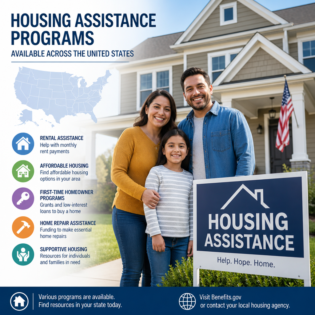 Happy family in front of home with housing assistance sign and infographic on U.S. housing programs