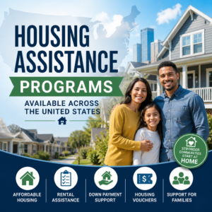 Illustration of U.S. housing assistance programs, including rental aid, housing vouchers, and down payment support