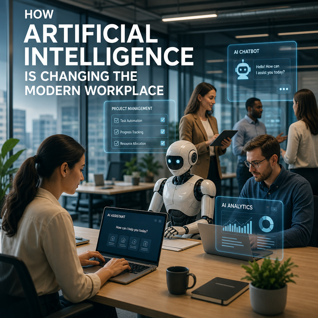 Modern office with AI tools on a screen, showing workplace productivity and team collaboration