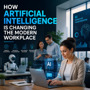 AI tools transforming a modern workplace with automation, collaboration, and data-driven decisions
