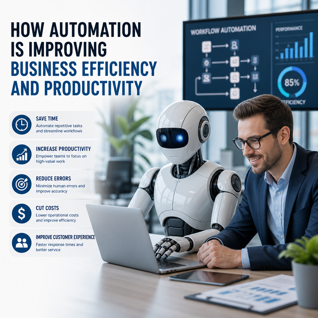Robot and businessman collaborating on a laptop to show business automation improving efficiency and productivity