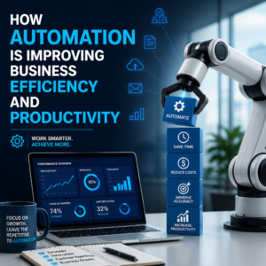 Robotic automation enhancing business efficiency with data-driven insights and streamlined workflows.