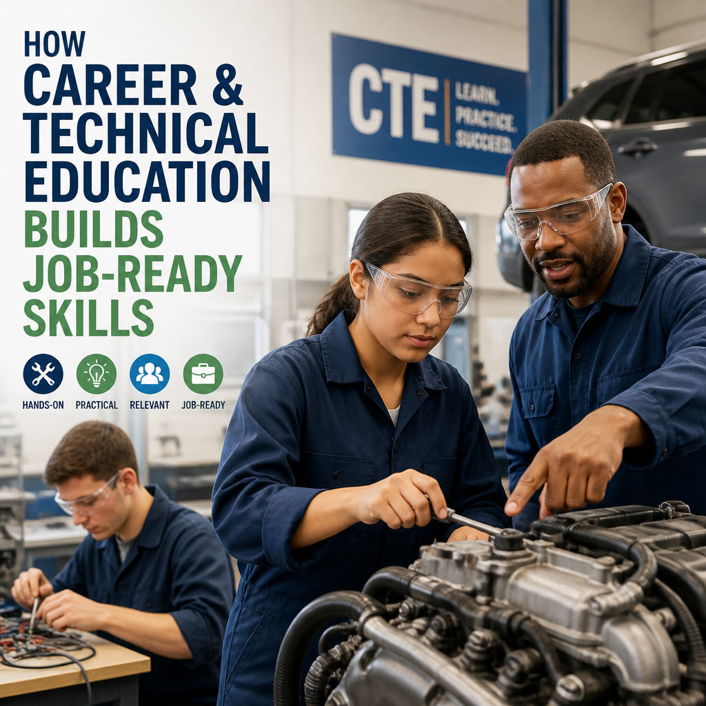 Students learning hands-on automotive skills in a career and technical education program