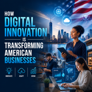 Illustration of digital innovation transforming American businesses with AI, cloud, and technology advancements
