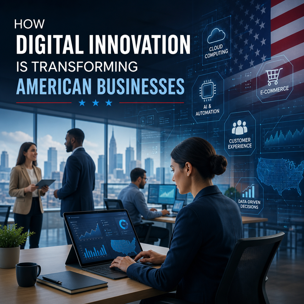 Business chart with cloud, AI, e-commerce, and data icons showing digital innovation in action