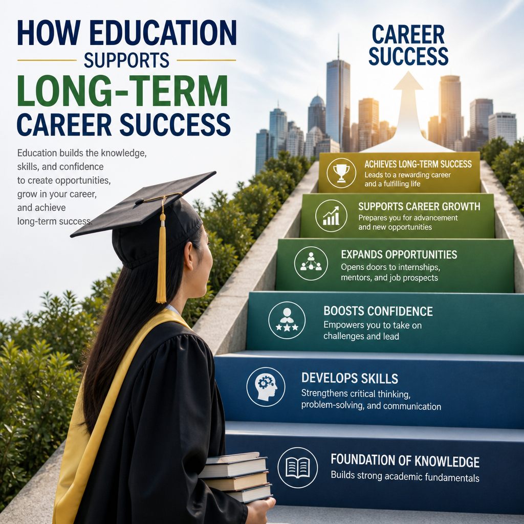 Infographic showing how education builds knowledge, skills, confidence, and opportunities for career success.