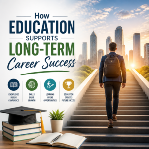 Education supports career success with icons for skills, confidence, opportunities, and future growth.