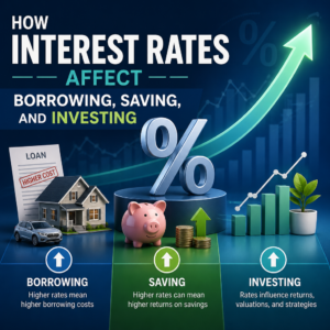 Infographic showing how interest rates affect borrowing, saving, and investing with icons and upward trend arrows