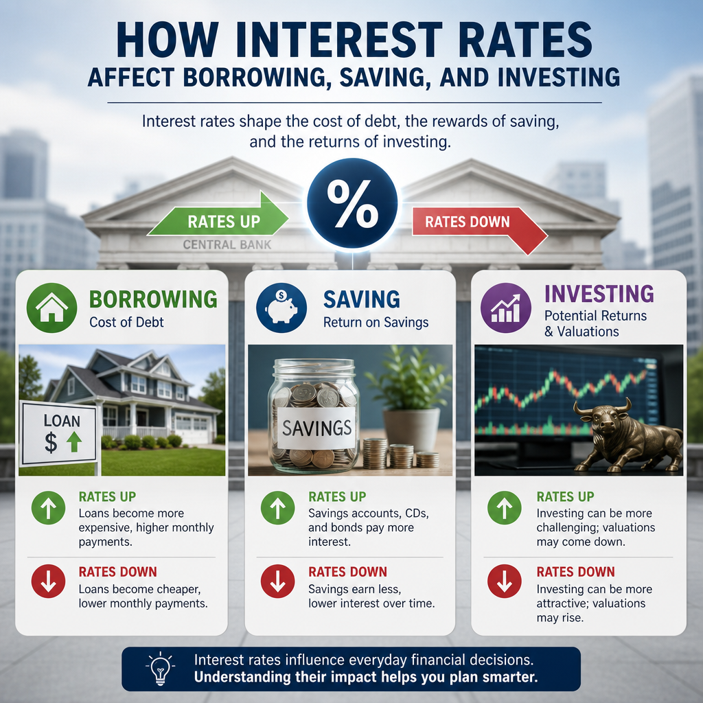 Infographic showing how interest rates affect borrowing costs, savings returns, and investment potential.
